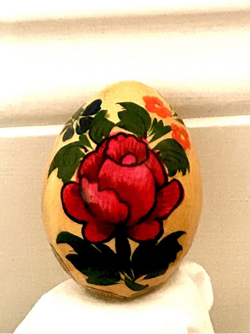 Russian Birchwood Wooden Egg 2.25” Red Rose Hand Painted Vintage Folk Art USSR
